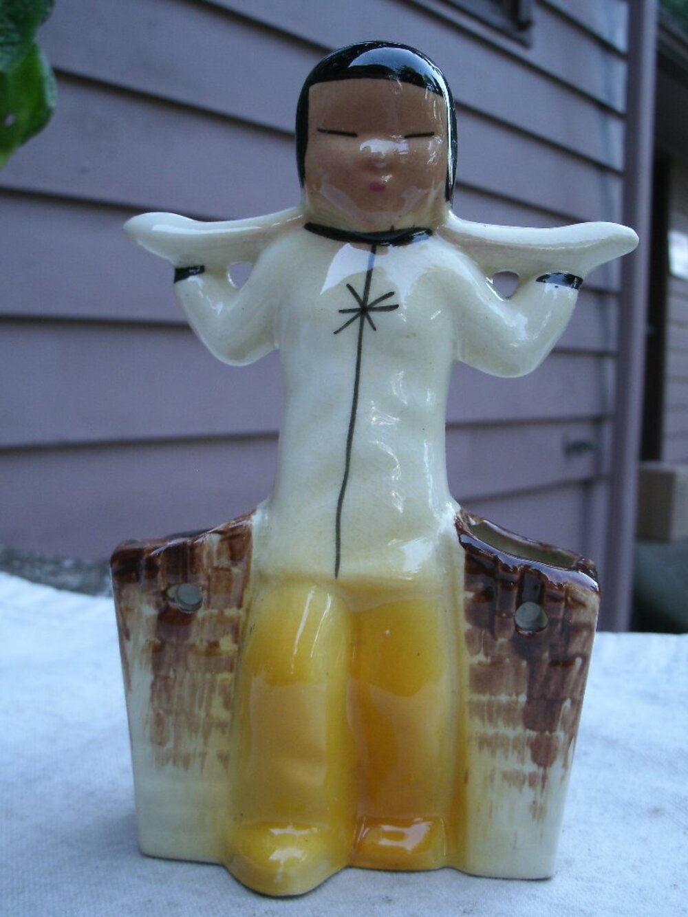 Vintage Oriental Man Carrying Baskets Pottery Planter